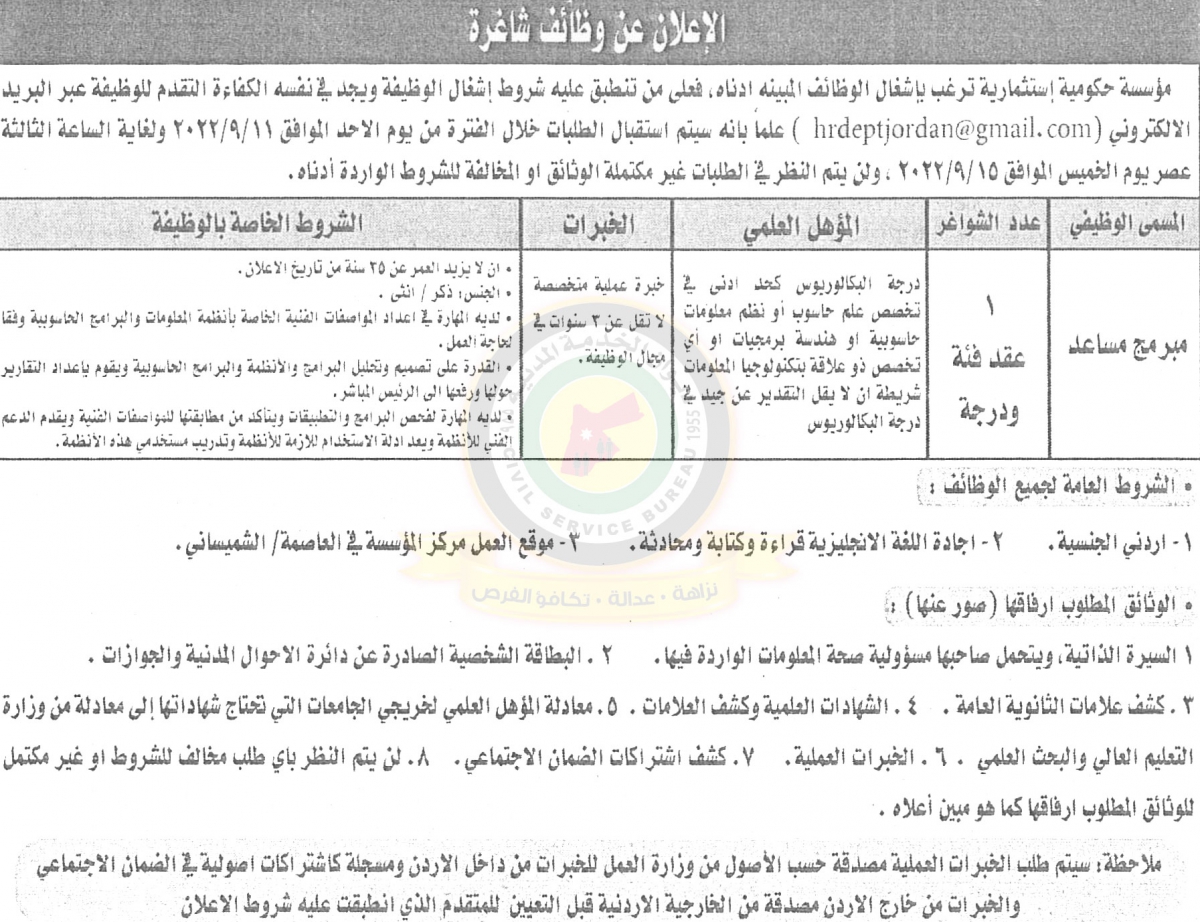 اعلان وظائف شاغرة صادر عن مؤسسة حكومية استثمارية