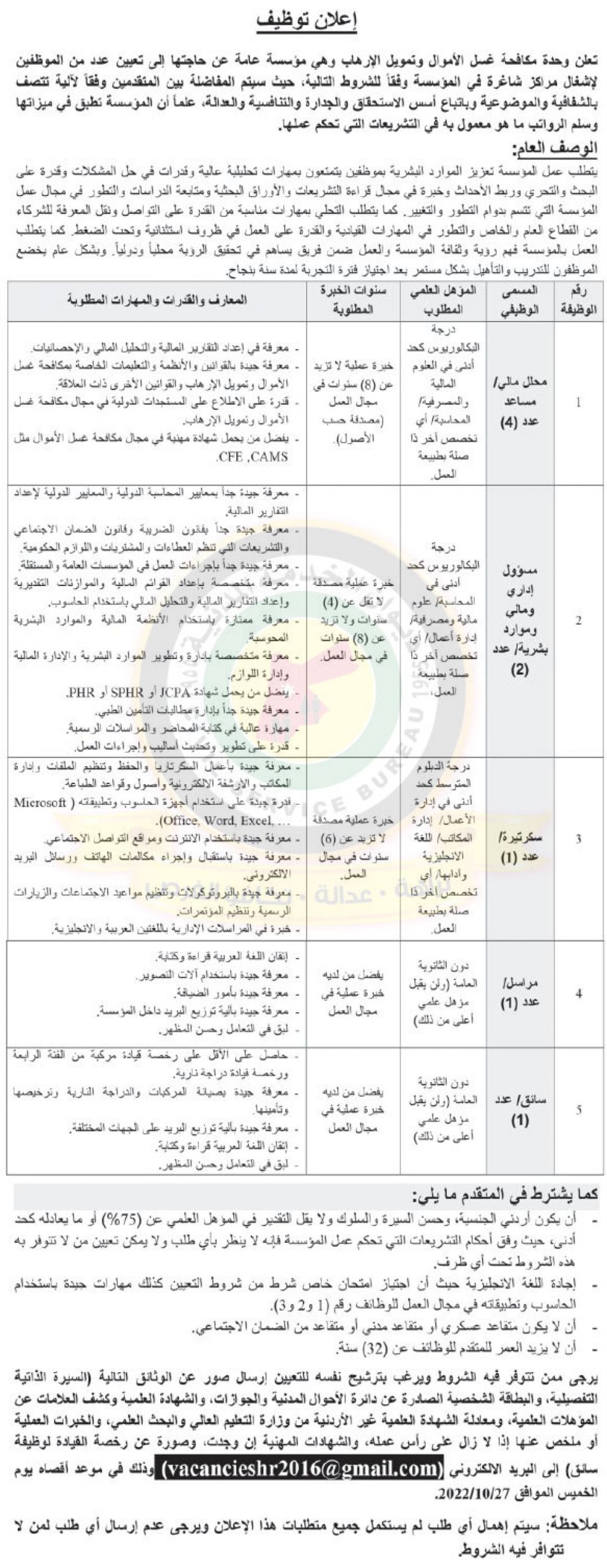 اعلان توفر شواغر صادر عن وحدة مكافحة غسل الاموال وتمويل الارهاب