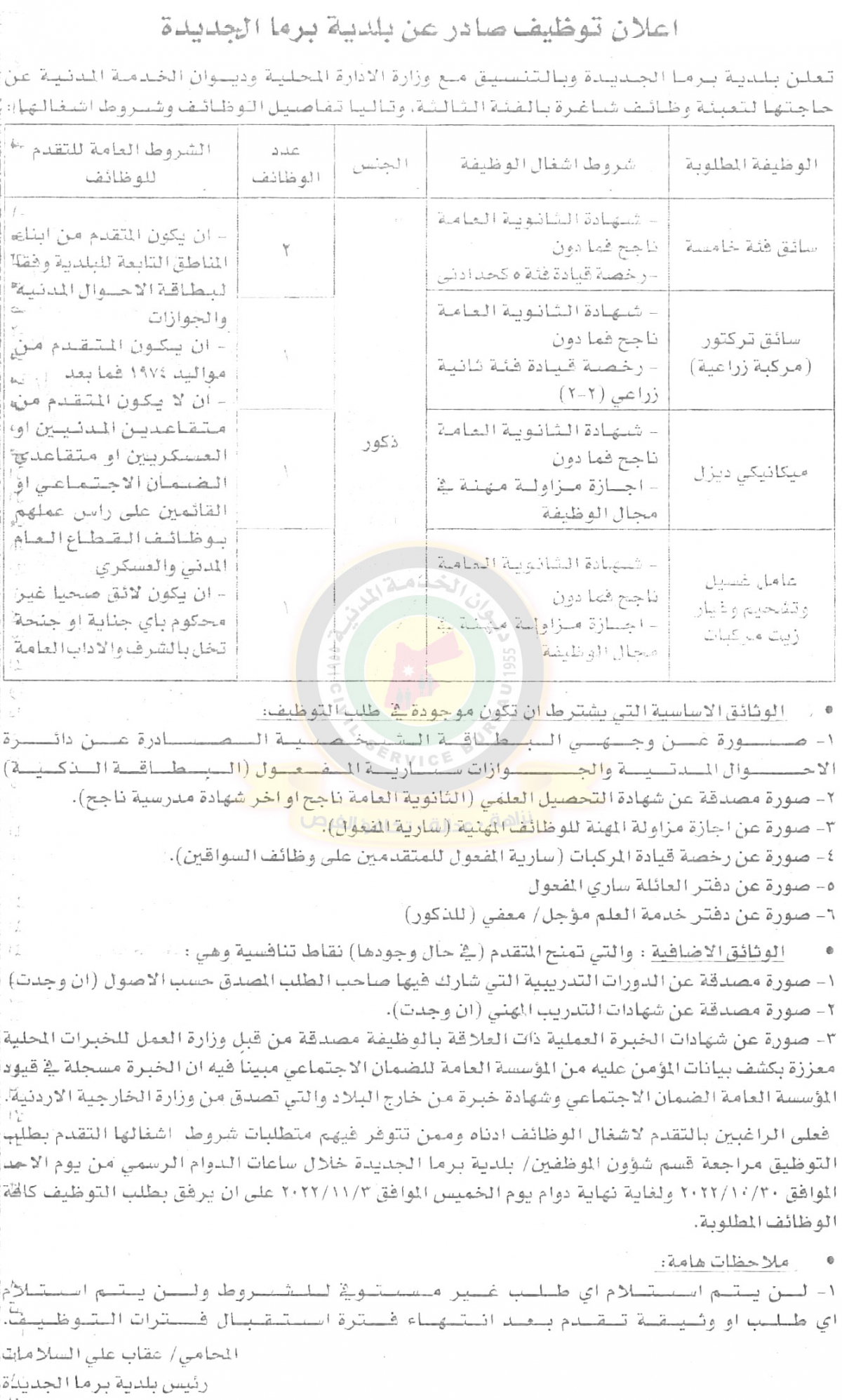 اعلان وظائف شاغرة بالفئة الثالثة صادر عن بلدية برما الجديدة