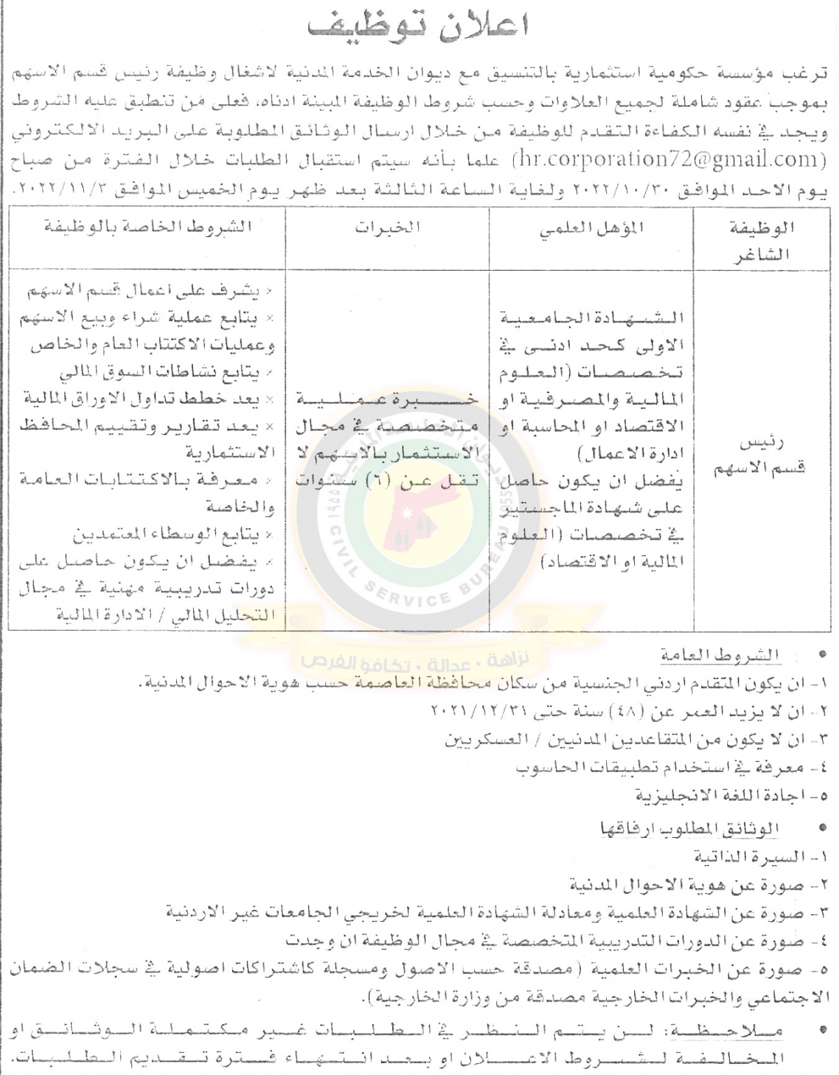 اعلان وظيفة شاغرة بموجب عقد شامل جميع العلاوات صادر عن مؤسسة حكومية استثمارية