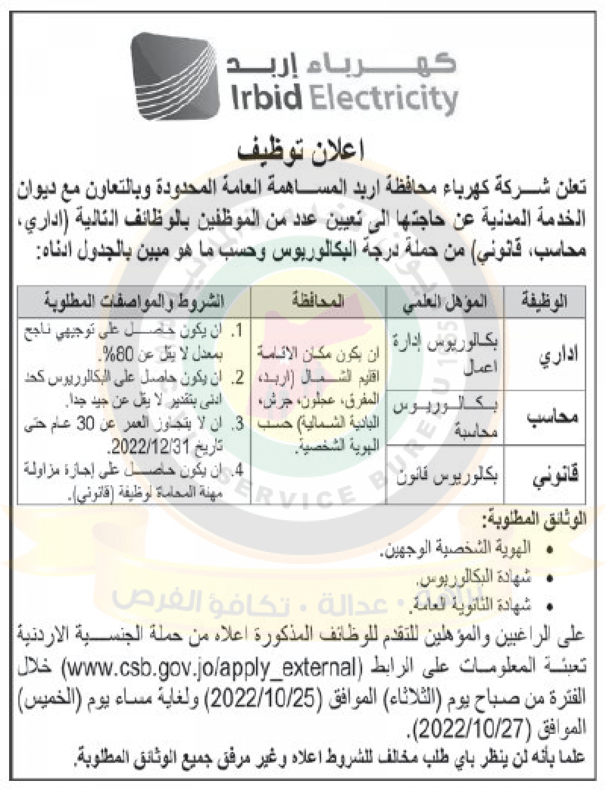 اعلان وظائف شاغرة صادر عن شركة كهرباء محافظة اربد المساهمة المحدودة