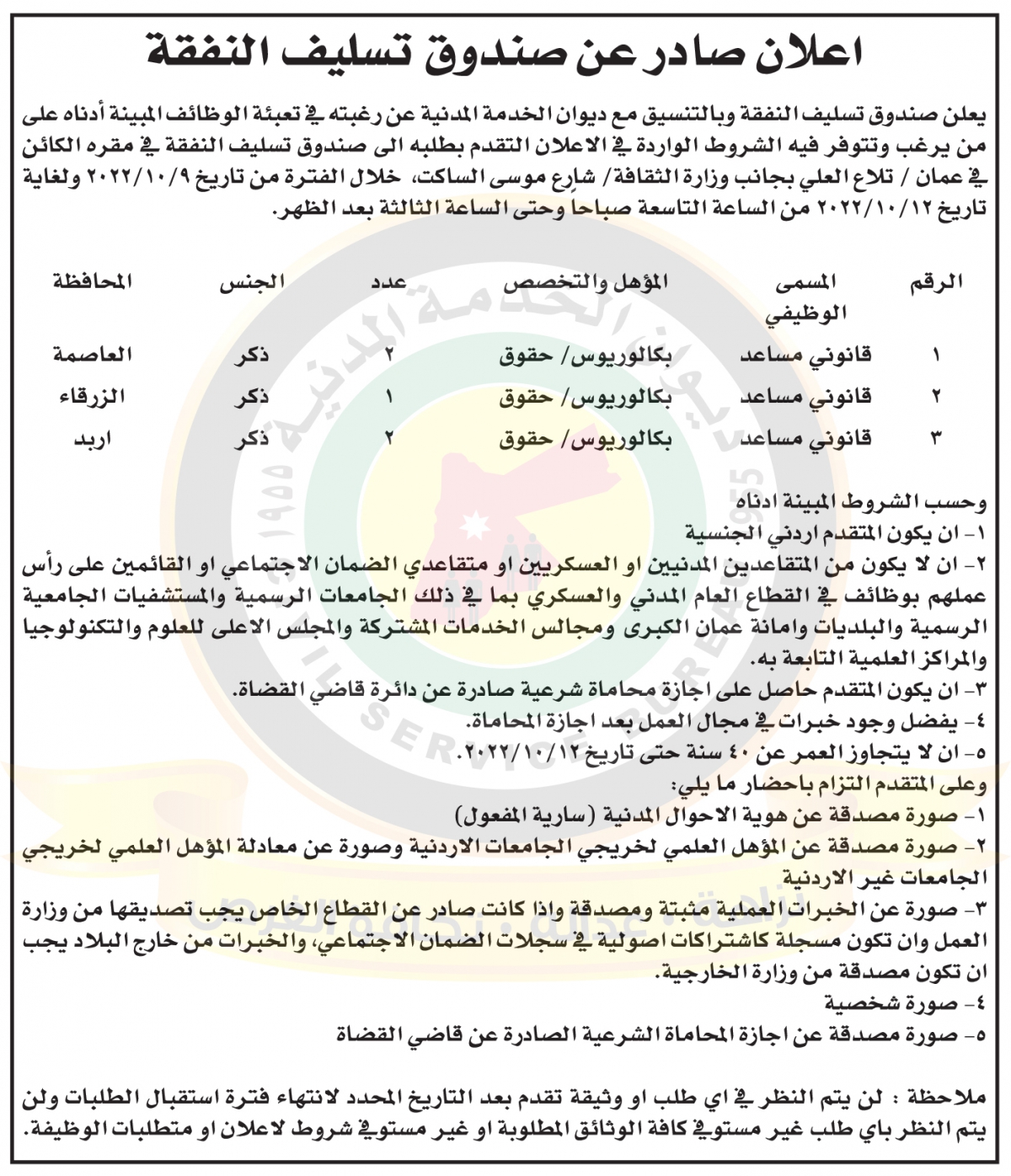 اعلان وظائف شاغرة صادر عن صندوق تسليف النفقة