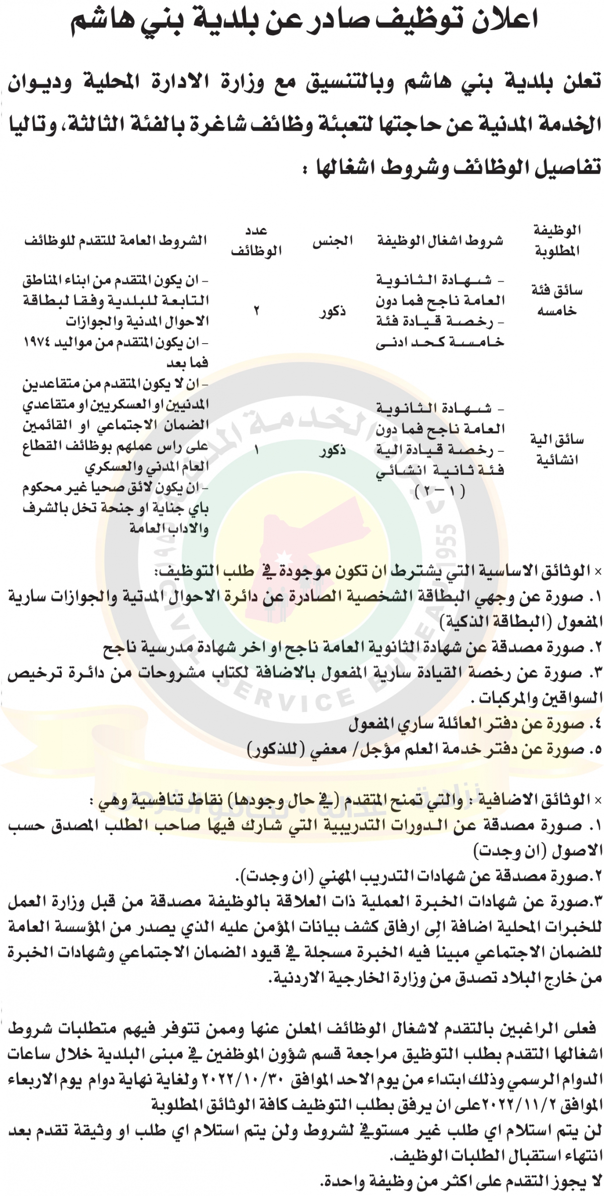 اعلان وظائف شاغرة صادر عن بلدية بني هاشم