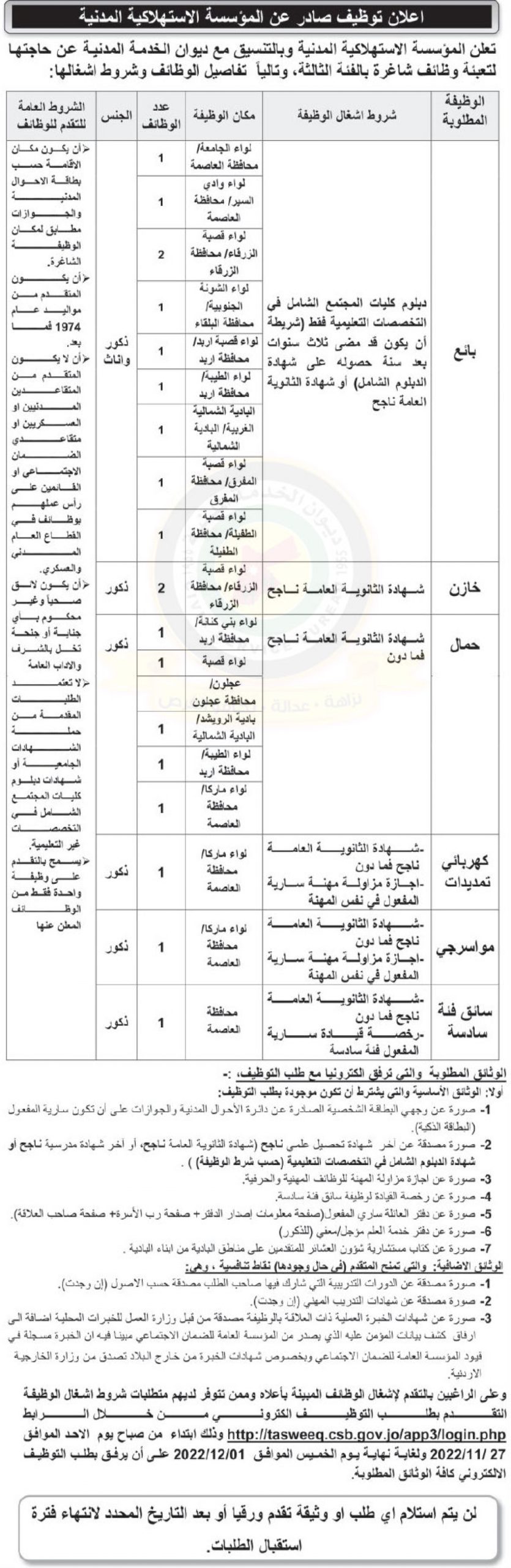 اعلان عن توفر وظائف شاغرة ضمن وظائف الفئة الثالثة صادر عن المؤسسة الاستهلاكية المدنية وبالتنسيق مع ديوان الخدمة المدنية