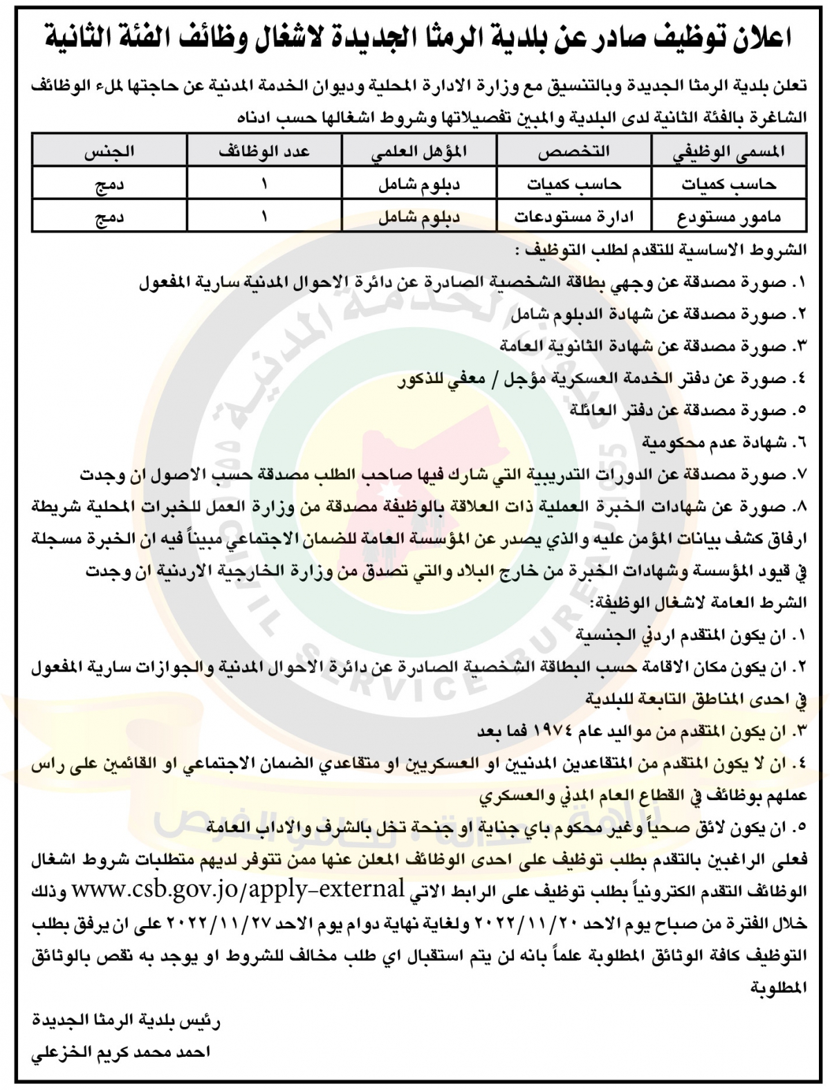 اعلان عن توفر وظائف شاغرة ضمن وظائف الفئة الثانية صادر عن بلدية الرمثا الجديدة وبالتنسيق مع ديوان الخدمة المدنية