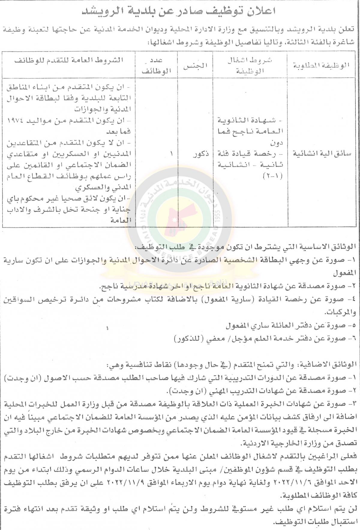 اعلان توفر شاغر بالفئة الثالثة صادر عن بلدية الرويشد