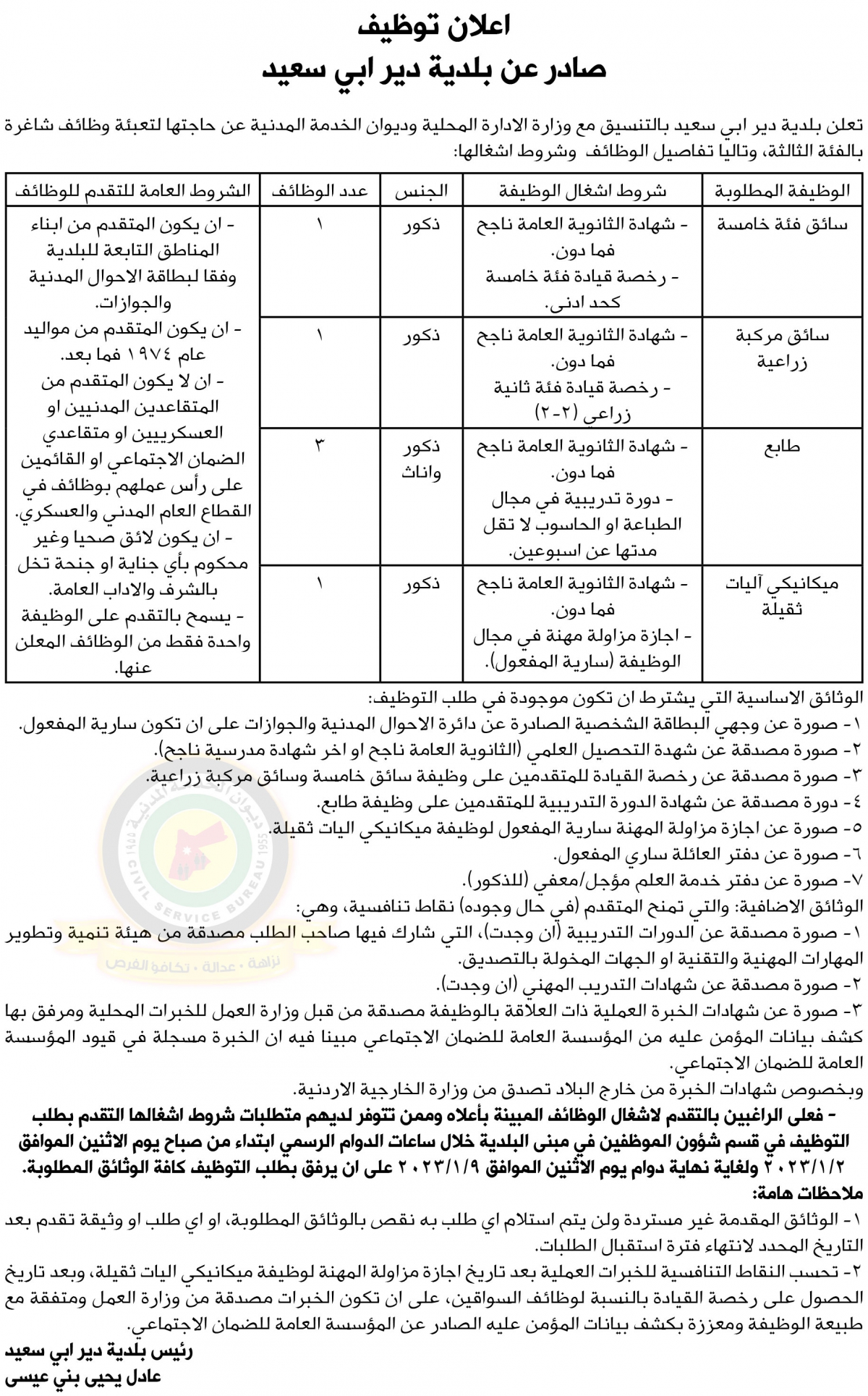 اعلان وظائف شاغرة بالفئة الثالثة صادر عن بلدية دير ابي سعيد