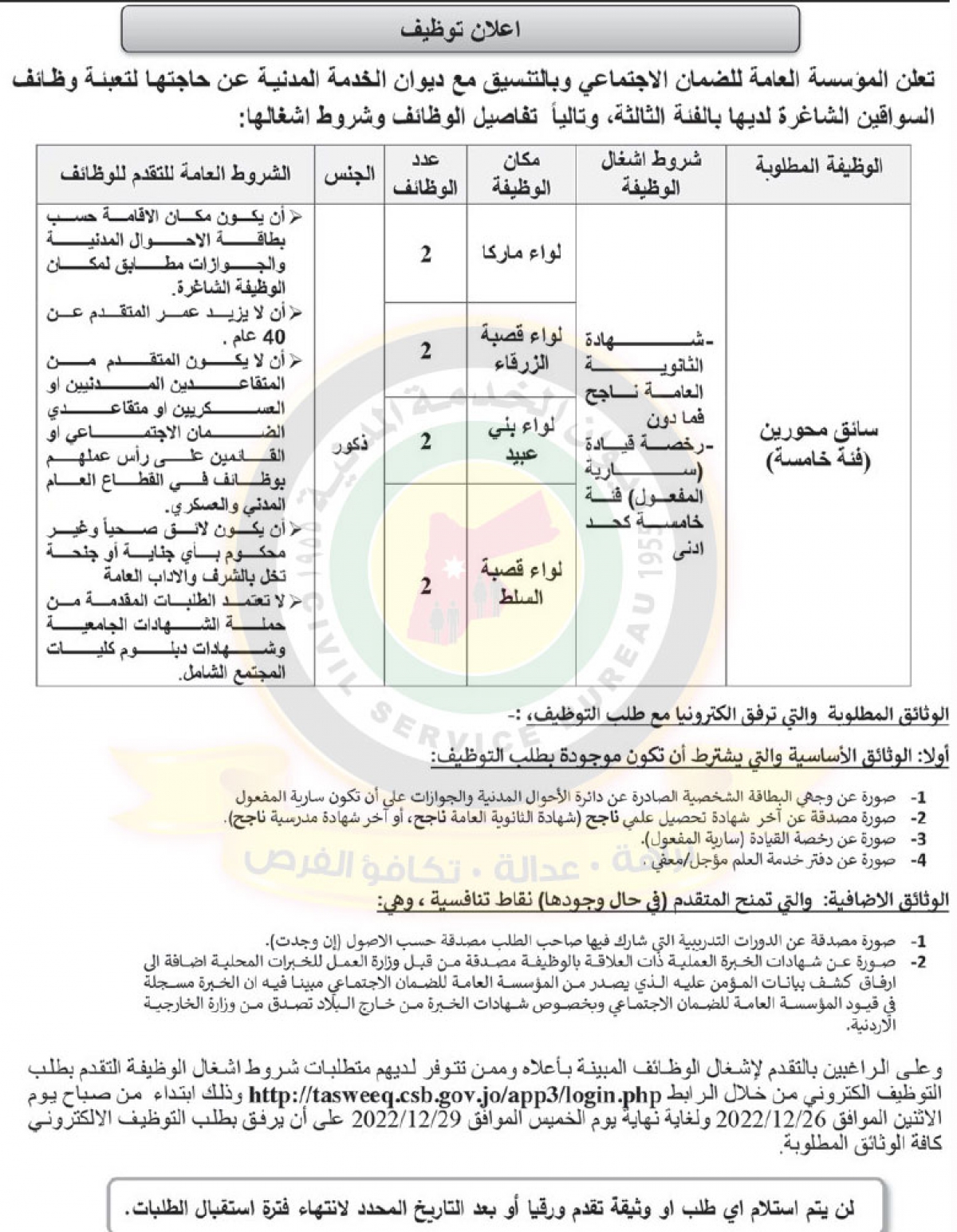 اعلان توفرشواغر بالفئة الثالثة صادر عن المؤسسة العامة للضمان الاجتماعي