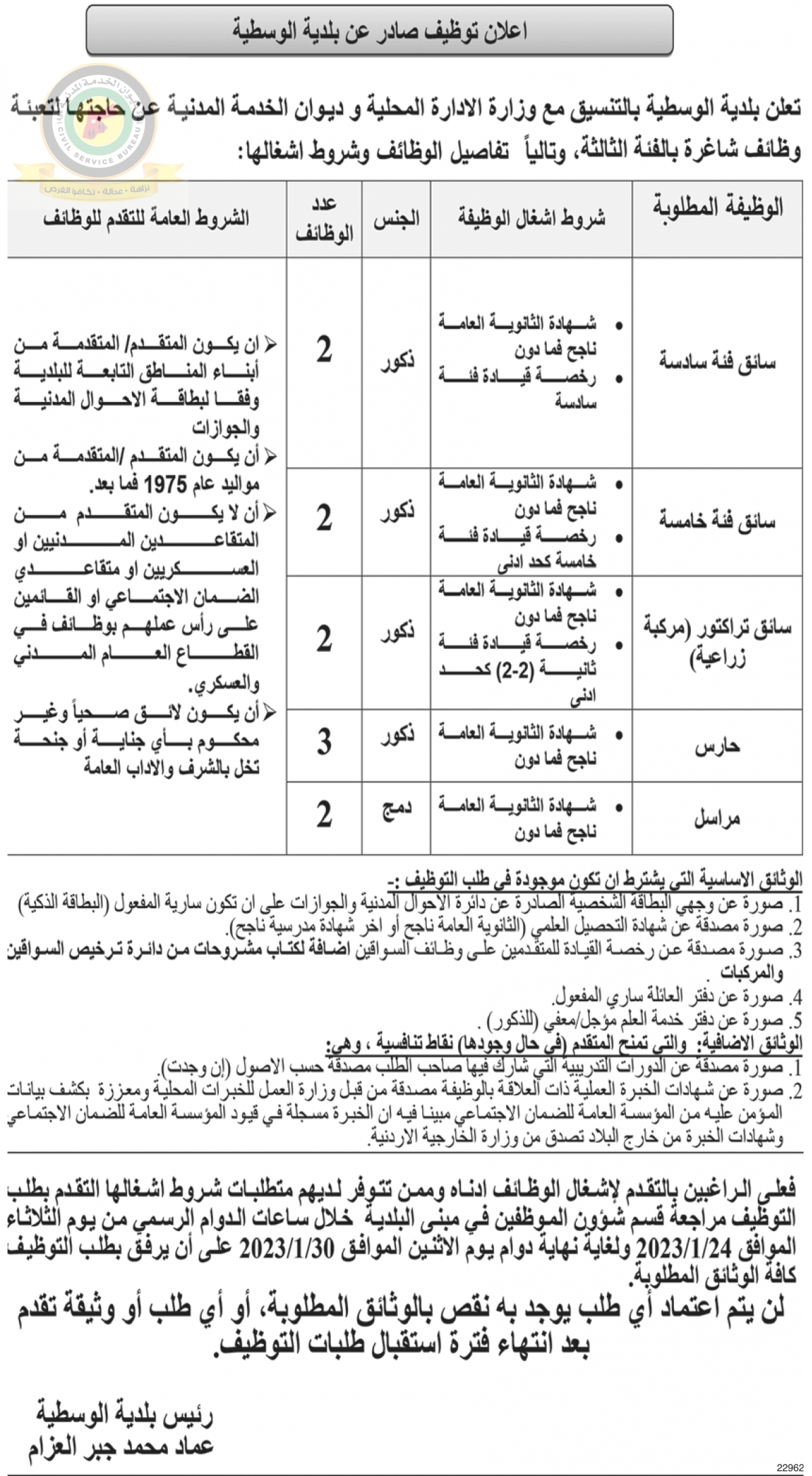 اعلان وظائف شاغرة بالفئة الثالثة صادر عن بلدية الوسطية