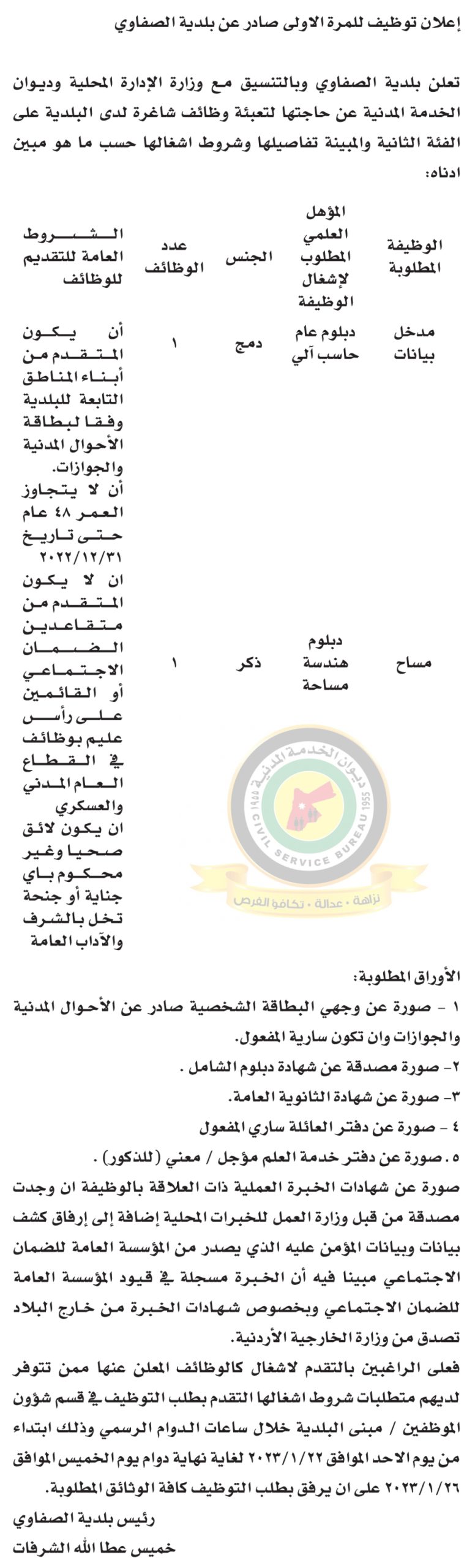 اعلان وظائف شاغرة بالفئة الثانية صادر عن بلدية الصفاوي