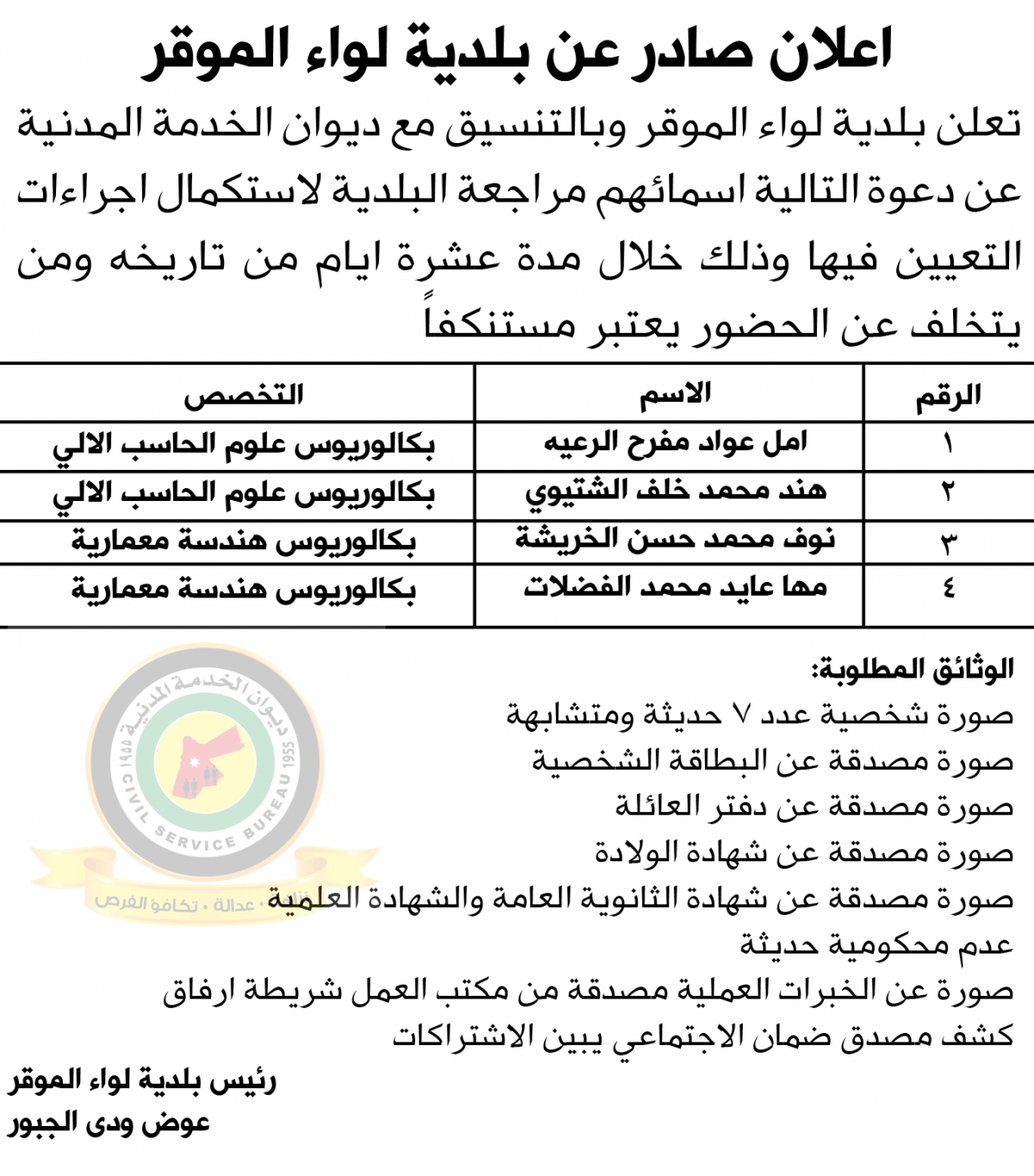 اعلان استكمال إجراءات تعيين صادر عن بلدية الموقر