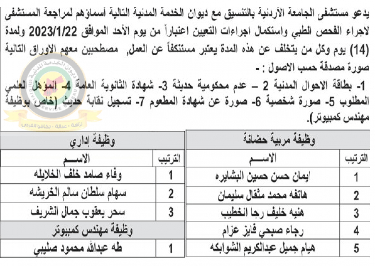 اعلان استكمال اجراءات التعيين صادرعن مستشفى الجامعة الاردنية