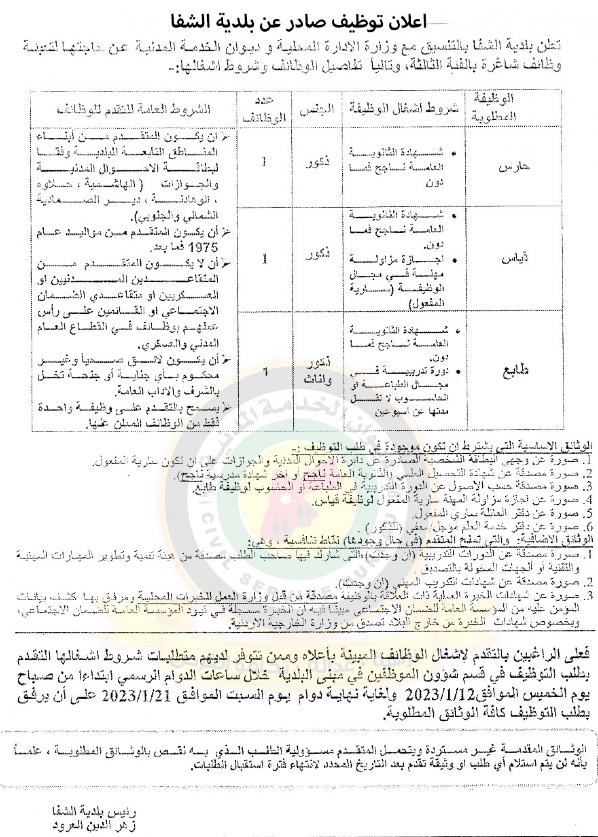 اعلان وظائف شاغرة بالفئة الثالثة صادر عن بلدية عين الشفا