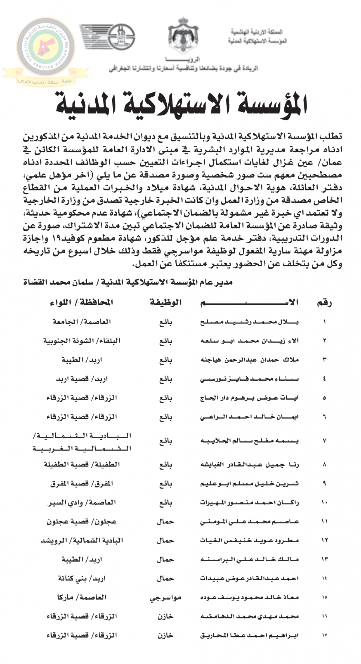 اعلان استكمال اجراءات التعيين صادرعن المؤسسة الإستهلاكية المدنية