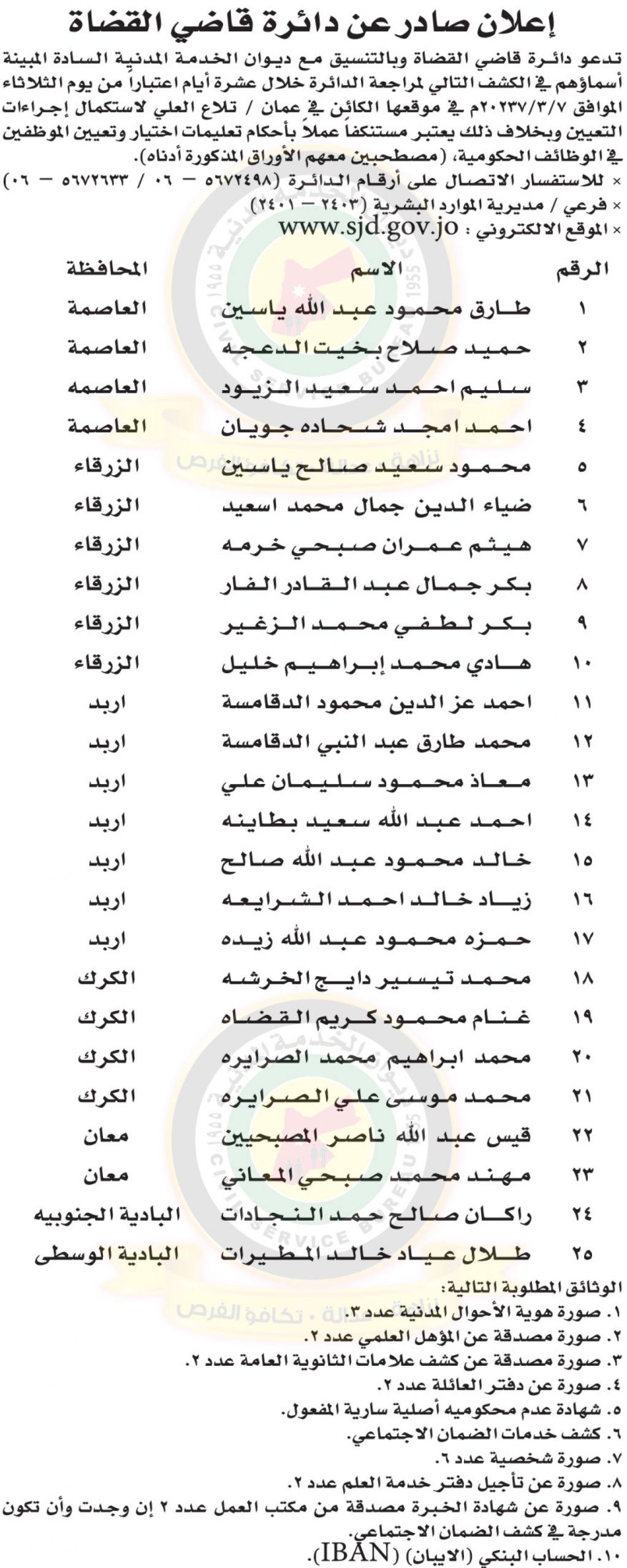 إعلان صادر عن دائرة قاضي القضاة لمراجعة الدائرة لاستكمال إجراءات التعيين