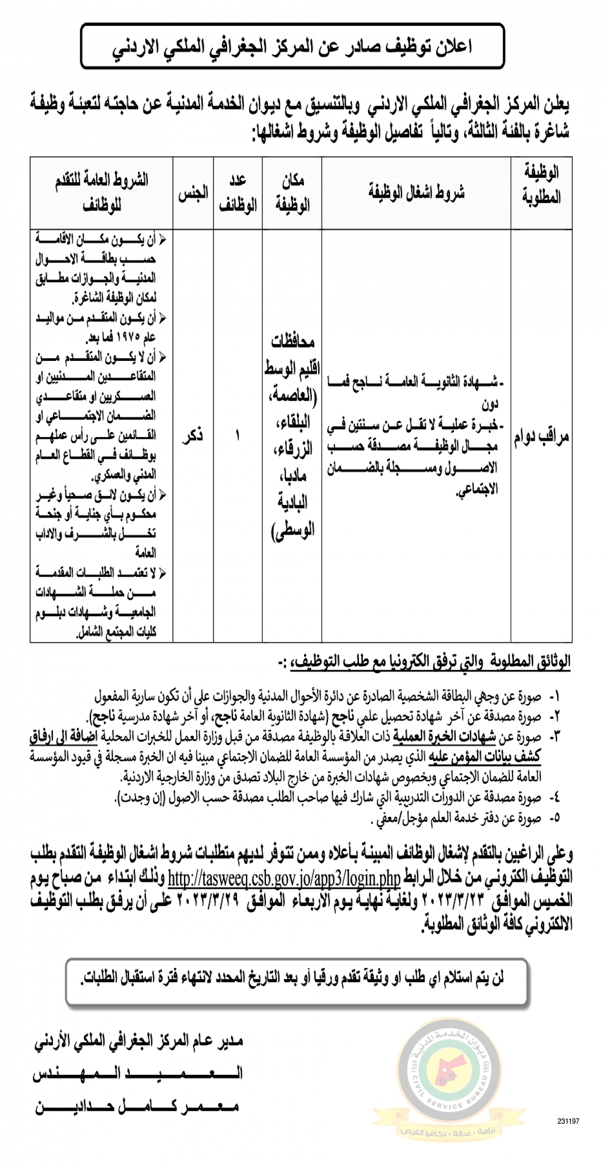 اعلان وظائف شاغرة بالفئة الثالثة صادرعن المركز الجغرافي الملكي الأردني