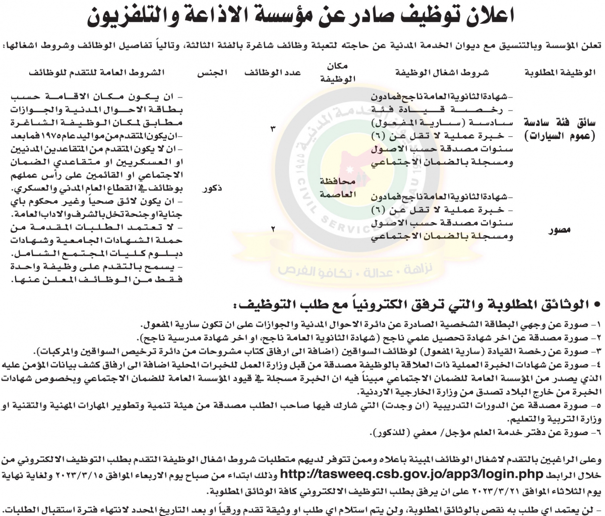 اعلان توفر وظائف شاغرة بالفئة الثالثة صادر عن مؤسسة الاذاعه والتلفزيون