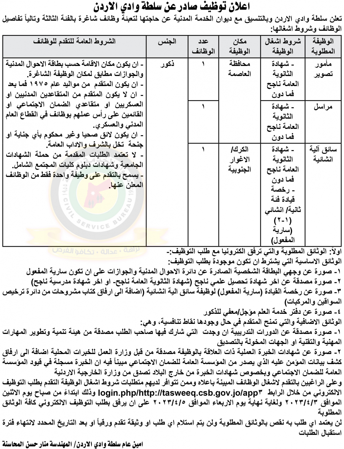 اعلان توفر شواغر بالفئة الثالثة صادر عن سلطة وادي الاردن