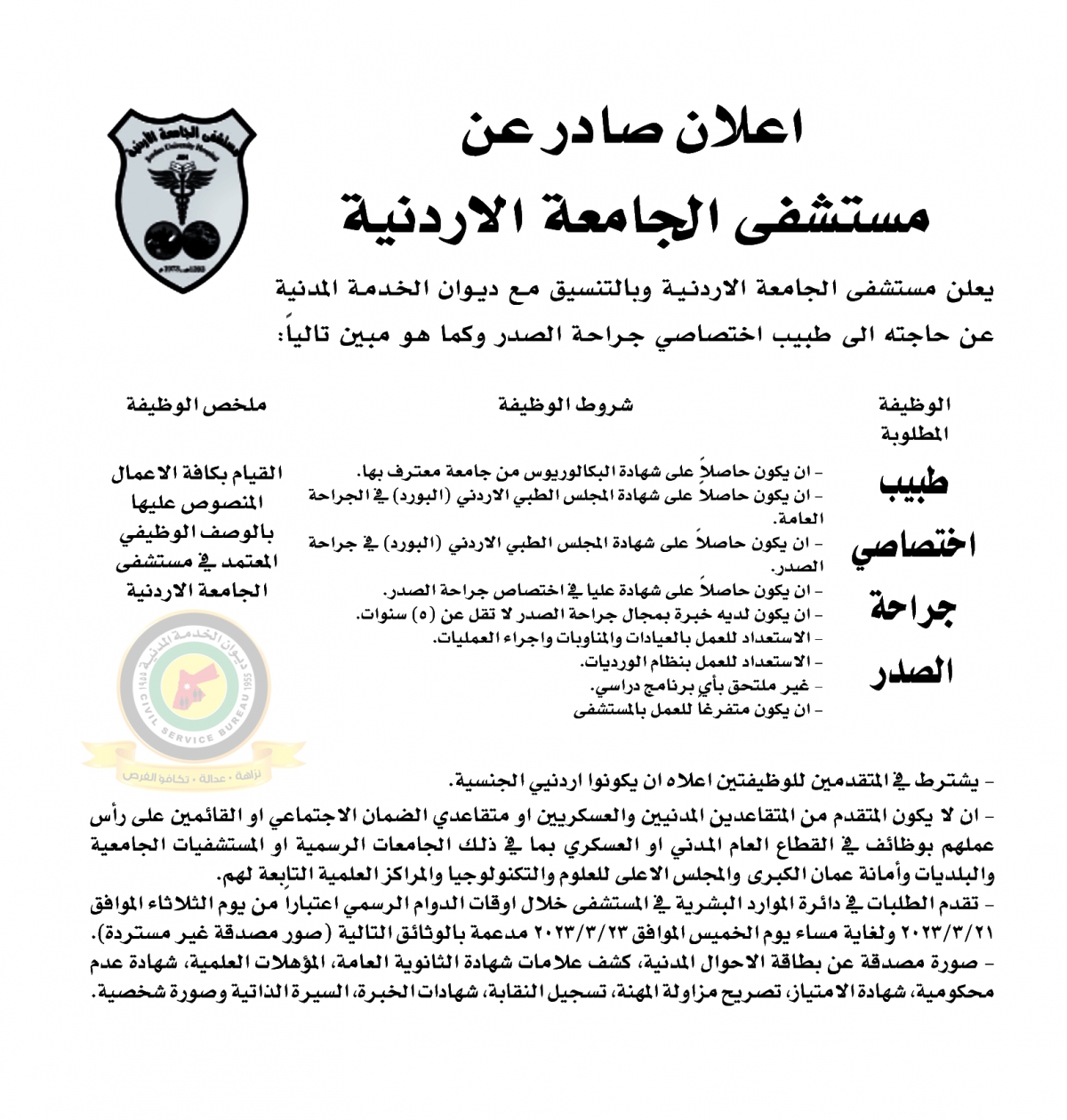 اعلان وظائف شاغرة  طبيب اختصاصي جراحة الصدر صادرعن مستشفى الجامعة الأردنية