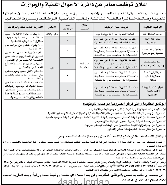 ٨ وظائف حكومية شاغرة في دائرة الاحوال المدنية والجوازات الاردنية