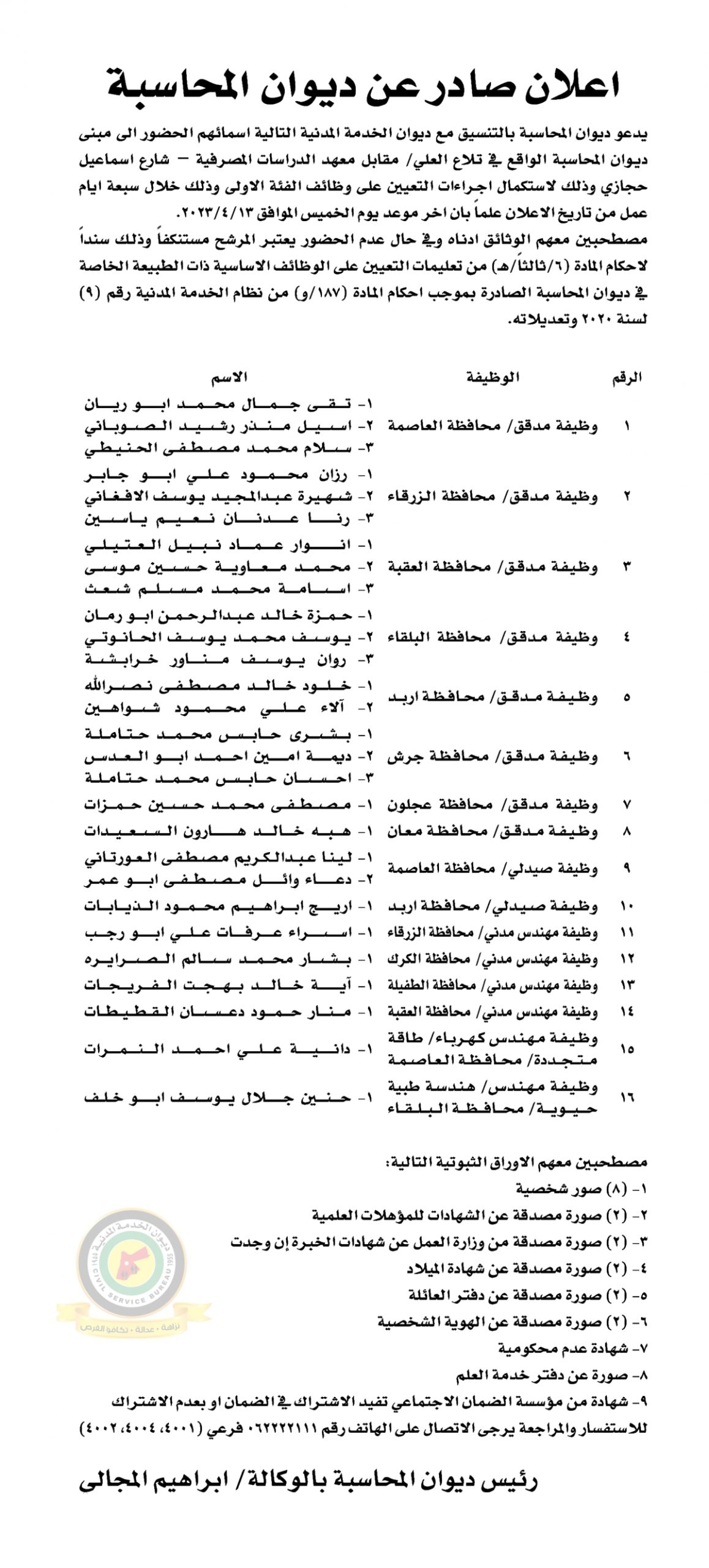 اعلان استكمال اجراءات التعيين صادرعن ديوان المحاسبة