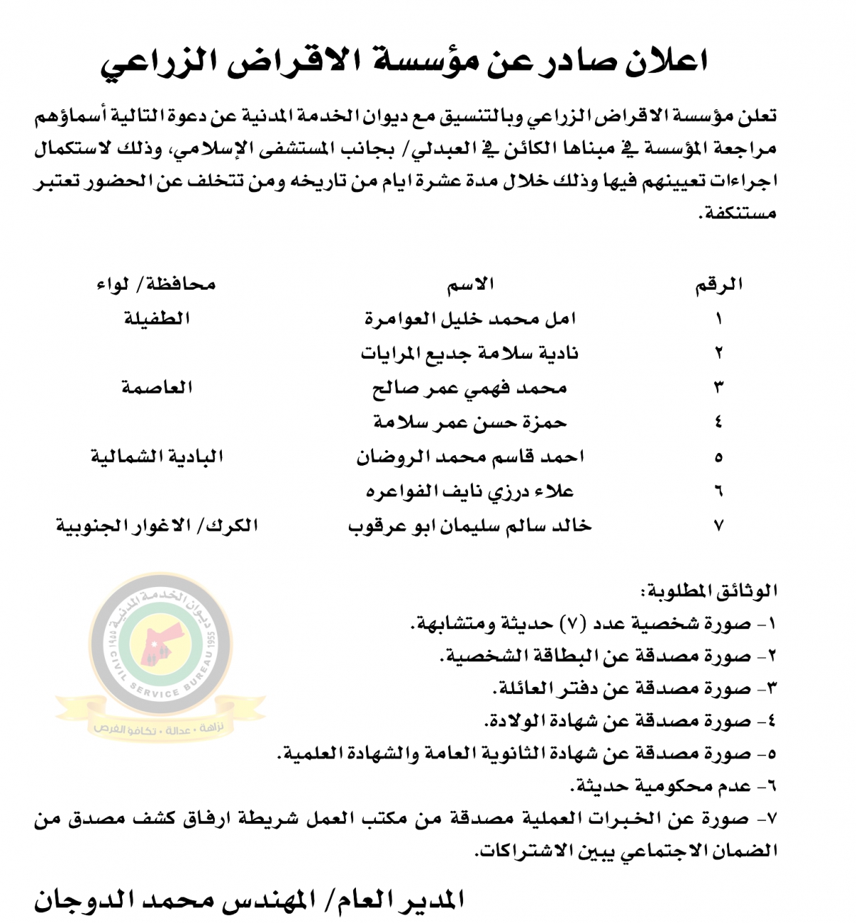 اعلان استكمال اجراءات التعيين صادرعن مؤسسة الإقراض الزراعي