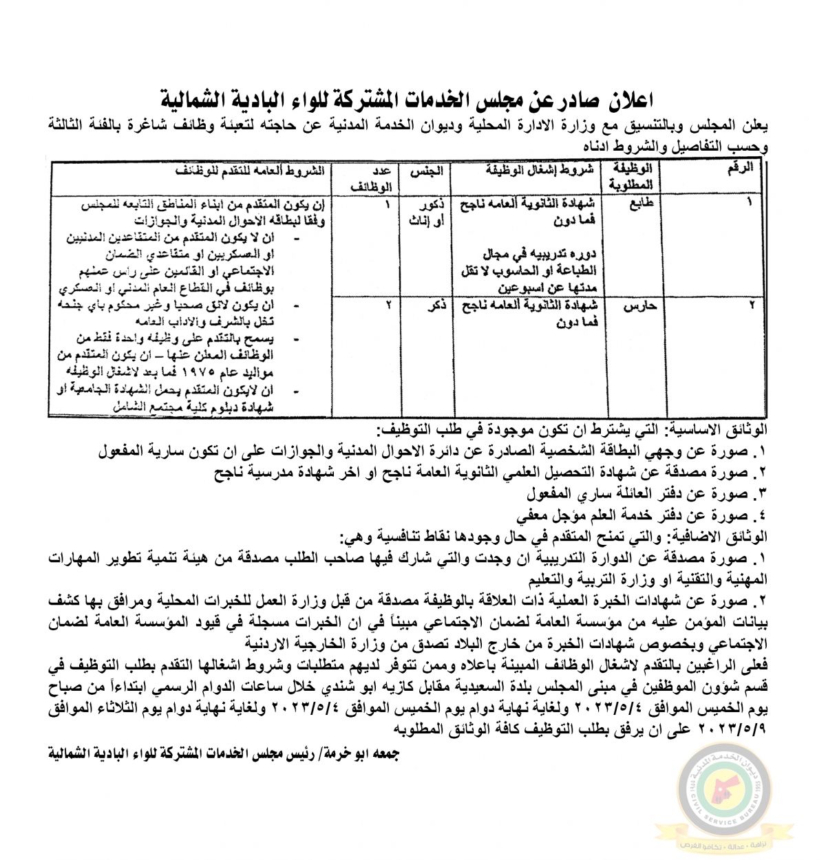 اعلان وظائف شاغرة بالفئة الثالثة صادرعن مجلس الخدمات المشتركة للواء البادية الشمالية