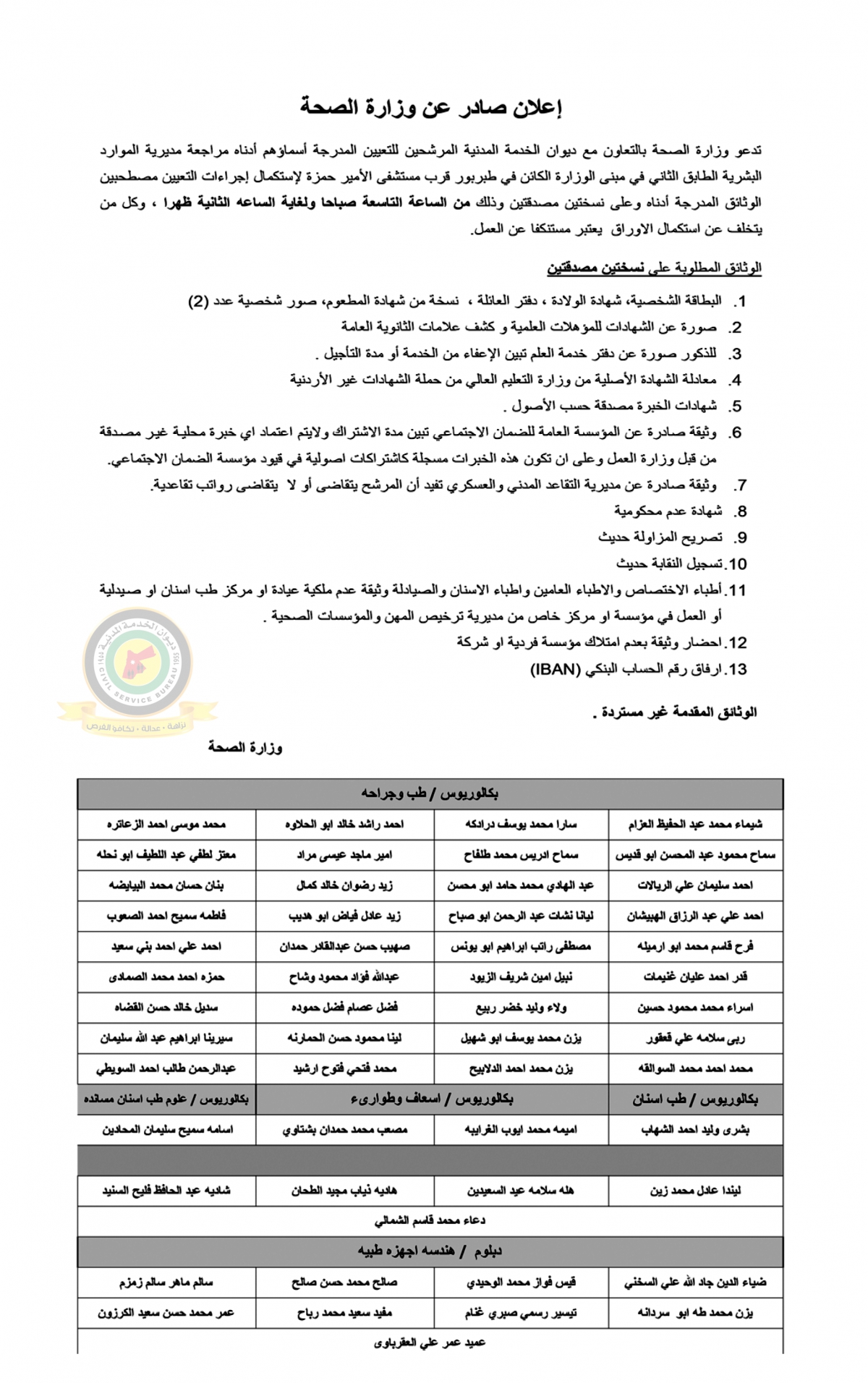 اعلان استكمال اجراءات التعيين صادرعن وزارة الصحة