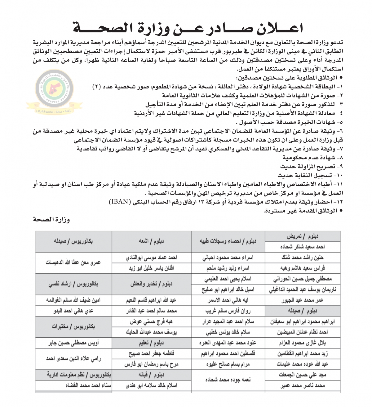 اعلان استكمال اجراءات التعيين صادرعن وزارة الصحة