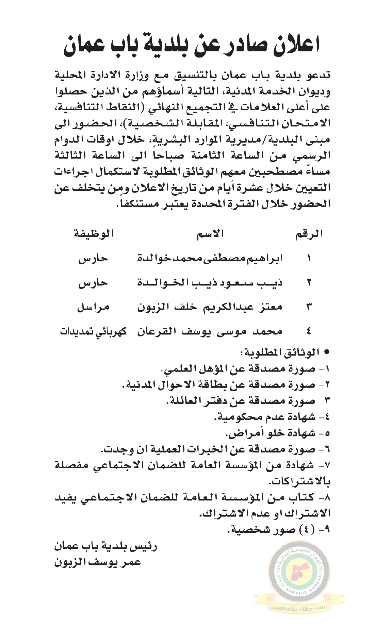 اعلان استكمال اجراءات التعيين صادرعن بلدية باب عمان