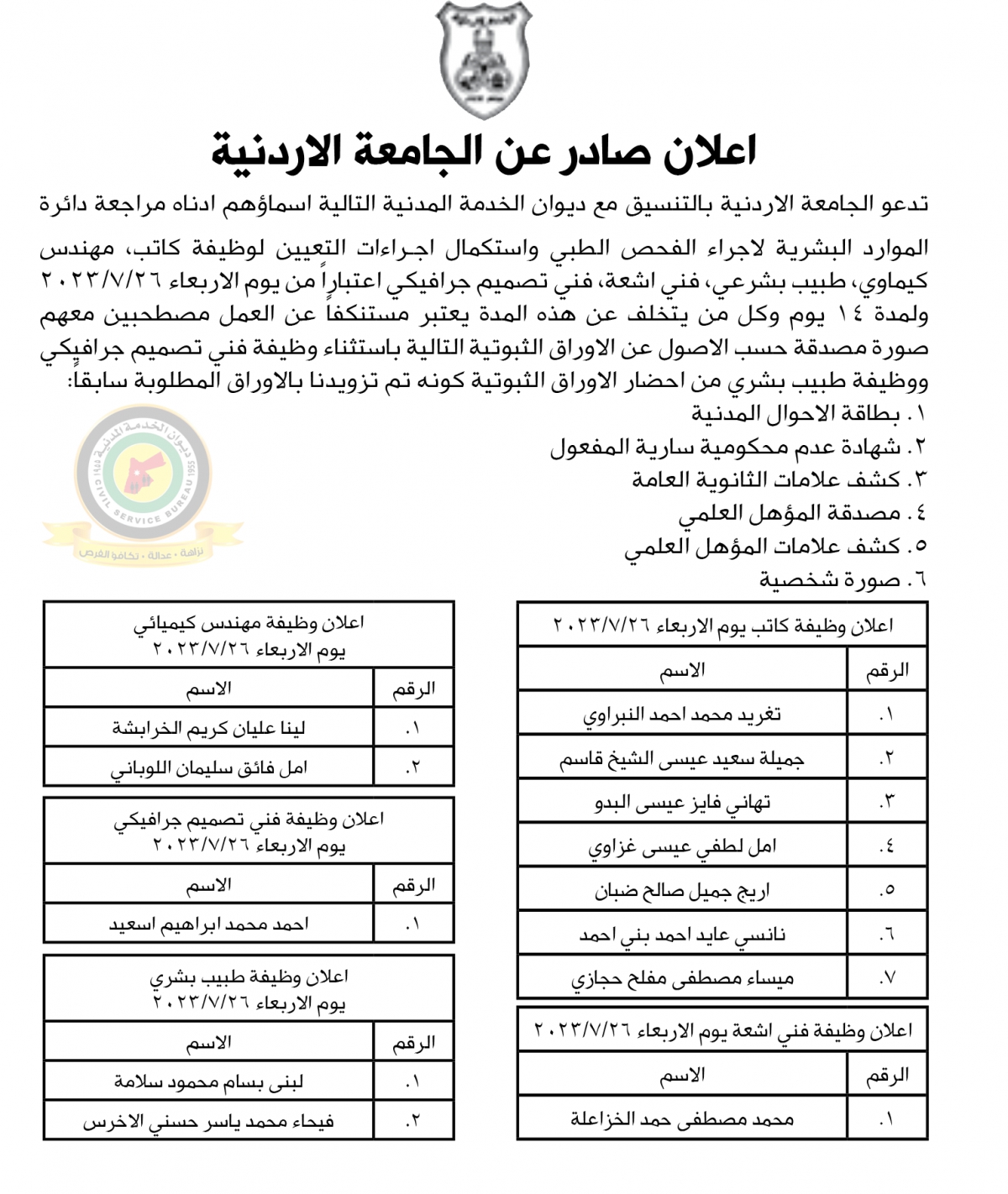 اعلان استكمال اجراءات التعيين صادرعن الجامعة الأردنية