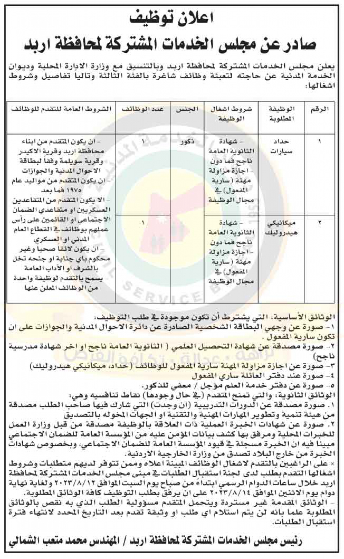 إعلان توظيف صادر عن مجلس الخدمات المشتركة لمحافظة إربد